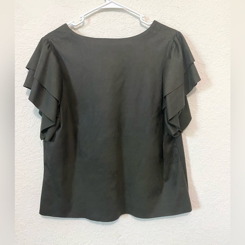 Anthropologie DREW Foil Suede Dark Green Tiered Ruffle Sleeves Size Large - Picture 4 of 8